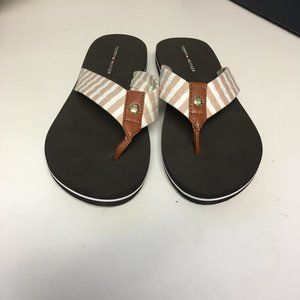Tommy Hilfiger Cicin Light Brown & White Striped Thong Flip-Flops Size 6